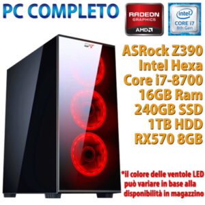 Computer Gaming Assemblato Vetro LED Intel Core i7-8700 Ram 16GB SSD 240GB Hard Disk 1TB RX580