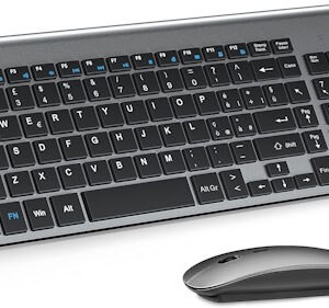 TopMate Kit Tastiera e Mouse Wireless UltraSottili, 2.4G USB Silenzioso Set 2400DPI Mouse e Tastiera Senza Fili Compatto con Coperchio, Batterie 2 AA+2 AAA, per PC/Laptop/Windows/Mac- Grigio Nero